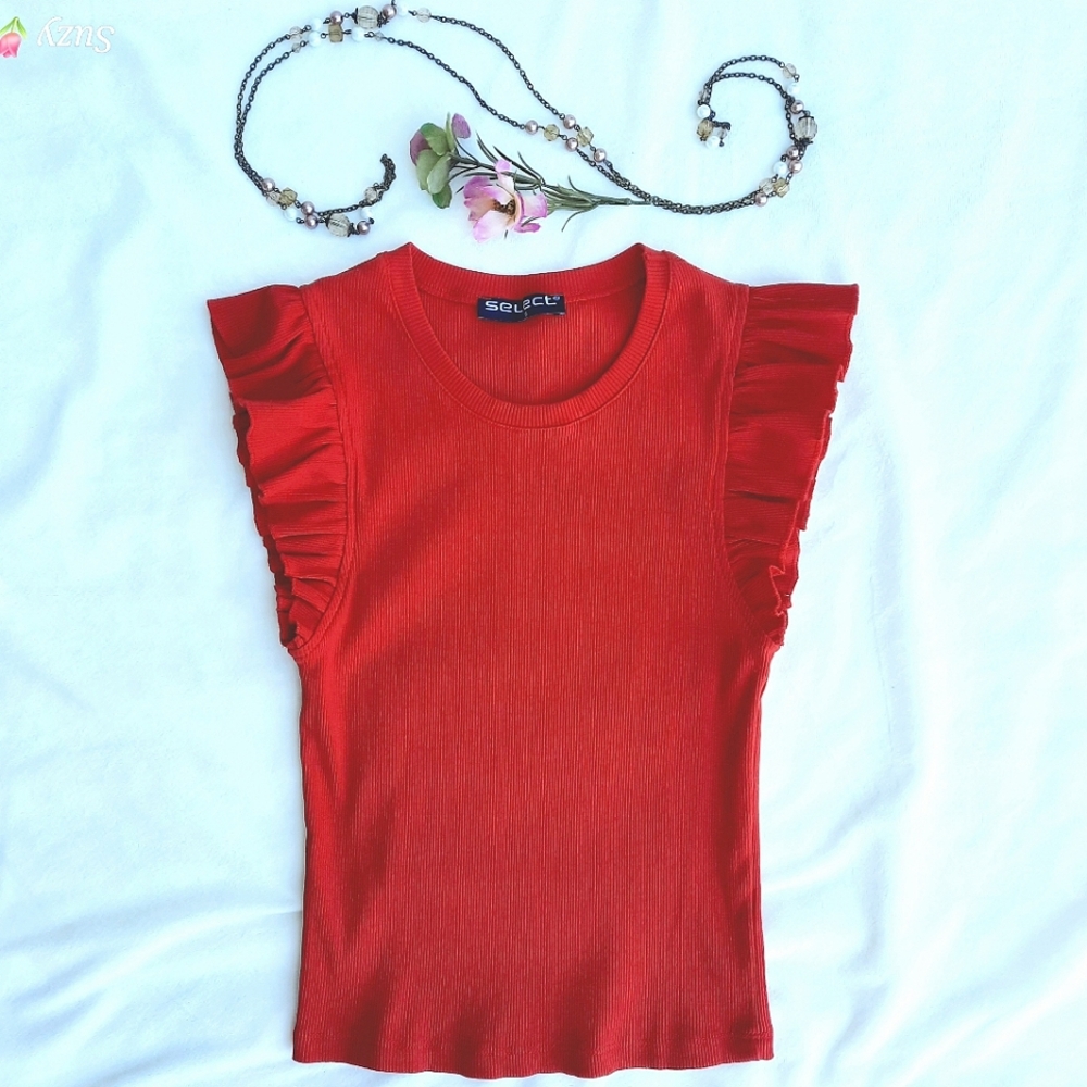 SELECT Red Tank Ruffle Cap Sleeve, Ribbed Cotton, Scoop Neck